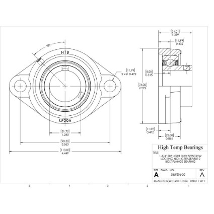 Picture of 1-1/4" 206 Light Duty Setscrew Locking Non-Greaseable 2 Bolt Flange Bearing