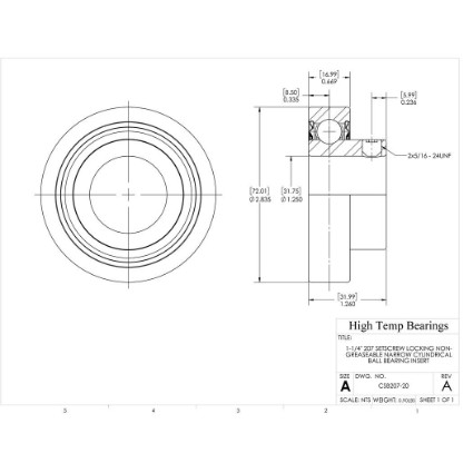 Picture of 1-1/4" 207 Setscrew Locking Non-Greaseable Narrow Cylindrical Ball Bearing Insert