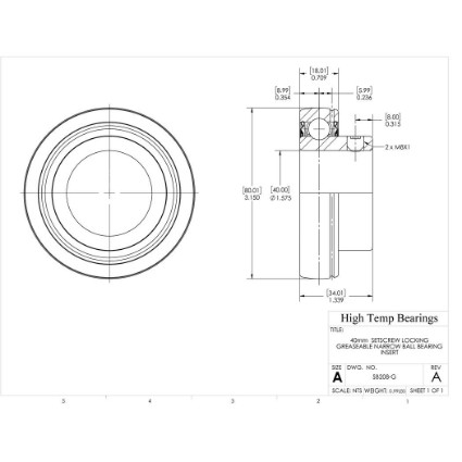 Picture of 40mm  Setscrew Locking Greaseable Narrow Ball Bearing Insert