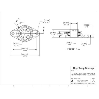 Picture of 1-7/16" High Temperature 500 °F Mounted 2 Bolt Flange Bearing