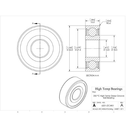 Picture of 12mm 6201 High Temperature 250 °C Shielded ZZ C4 Bearing