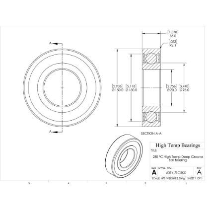 Picture of 70mm 6314 High Temperature 280 °C Shielded ZZ C5 Bearing