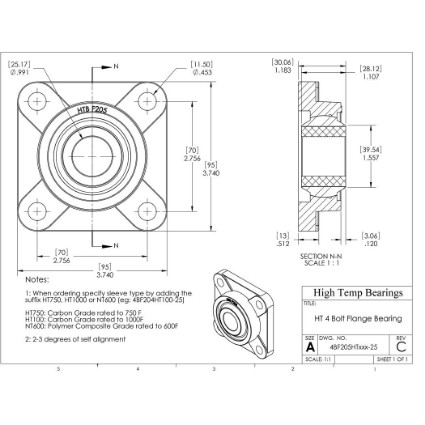 Picture of 25mm 1000 °F Carbon 4 Bolt Flange Bearing