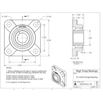 Picture of 1" 750 °F Carbon 4 Bolt Flange Bearing