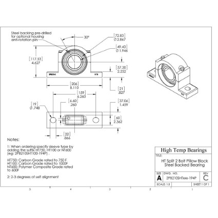 Picture of 1-15/16" Split Pillow Block Mounted 1000 °F Carbon Bearing