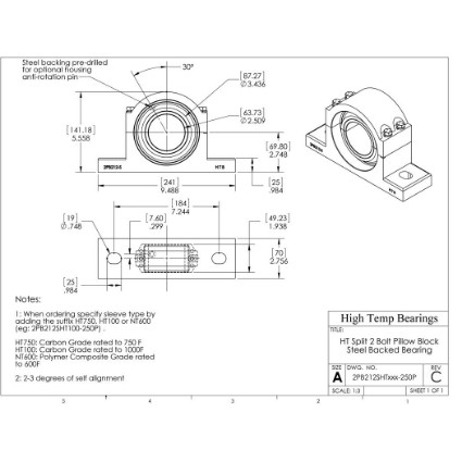 Picture of 2-1/2" Split Pillow Block Mounted 750 °F Carbon Bearing