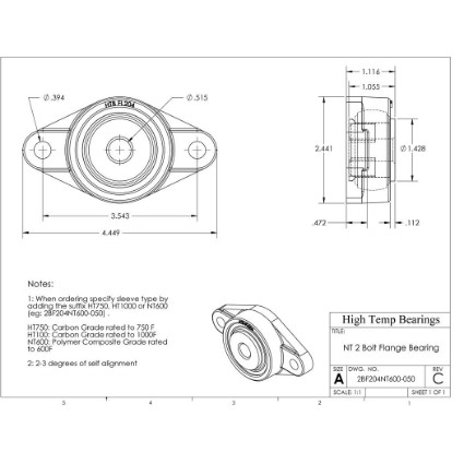 Picture of 1/2" 500 °F PTFE 2 Bolt Flange Bearing