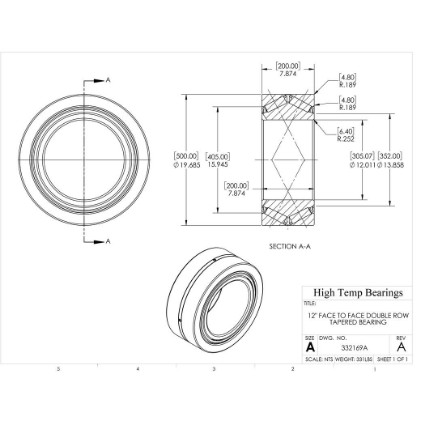 Picture of 12" Face to Face Double Row Tapered Bearing 332169A