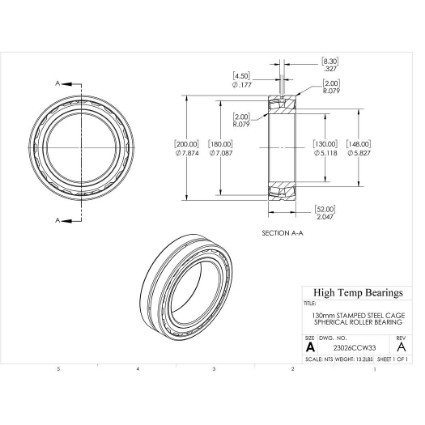 Picture of 130mm Stamped Steel Cage Spherical Roller Bearing 23052CCW33