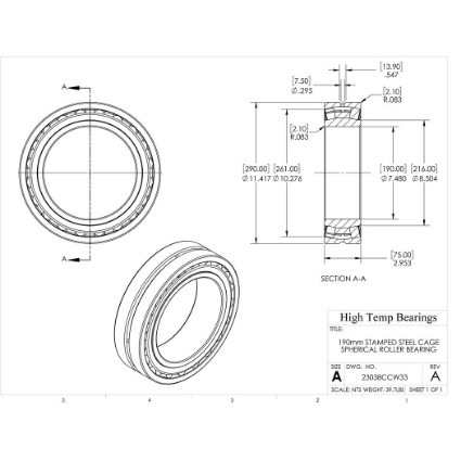 Picture of 190mm Stamped Steel Cage Spherical Roller Bearing 23076CCW33