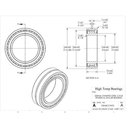 Picture of 220mm Stamped Steel Cage Spherical Roller Bearing 23044CCW33