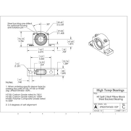 Picture of 1-1/2" Split Pillow Block Mounted 500 °F PTFE Bearing