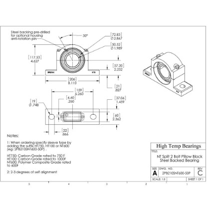 Picture of 50mm Split Pillow Block Mounted 500 °F PTFE Bearing