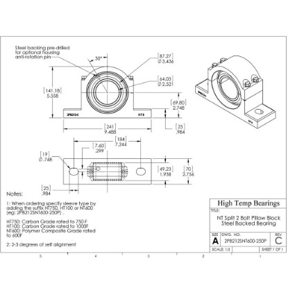 Picture of 2-1/2" Split Pillow Block Mounted 500 °F PTFE Bearing
