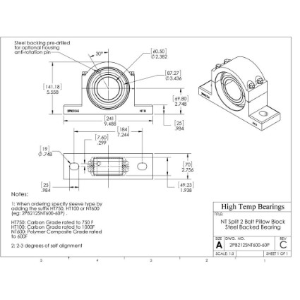 Picture of 60mm Split Pillow Block Mounted 500 °F PTFE Bearing