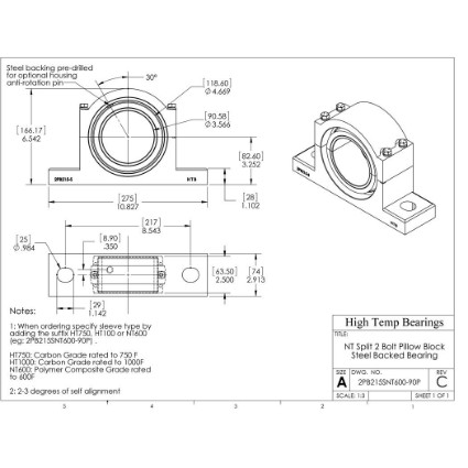 Picture of 90mm Split Pillow Block Mounted 500 °F PTFE Bearing