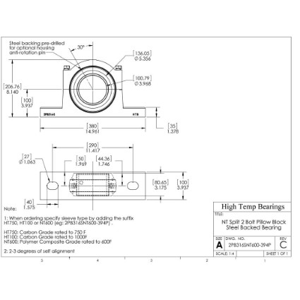 Picture of 3-15/16" Split Pillow Block Mounted 500 °F PTFE Bearing