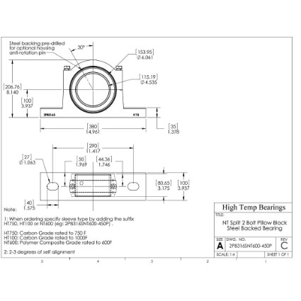 Picture of 4-1/2" Split Pillow Block Mounted 500 °F PTFE Bearing