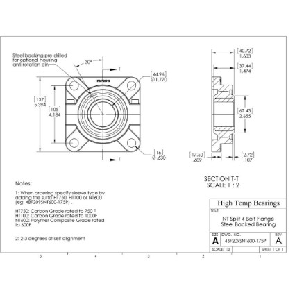 Picture of 1-3/4" Split 4 Bolt Flange Mounted 500 °F PTFE Bearing