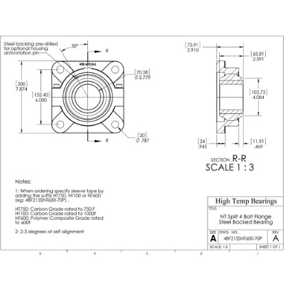 Picture of 70mm Split 4 Bolt Flange Mounted 500 °F PTFE Bearing