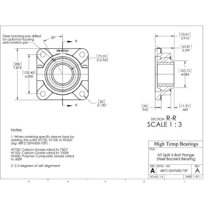 Picture of 75mm Split 4 Bolt Flange Mounted 500 °F PTFE Bearing