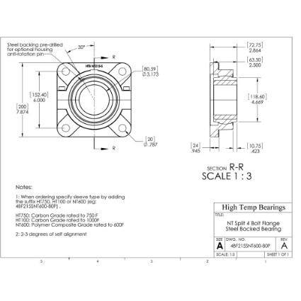 Picture of 80mm Split 4 Bolt Flange Mounted 500 °F PTFE Bearing