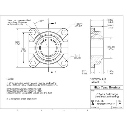 Picture of 3-15/16" Split 4 Bolt Flange Mounted 500 °F PTFE Bearing