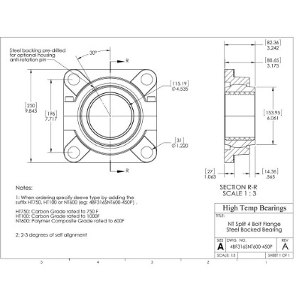 Picture of 4-1/2" Split 4 Bolt Flange Mounted 500 °F PTFE Bearing